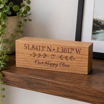 Personalised Coordinates Oak Block | Custom Latitude Longitude Gift, Couple, 4 of 8