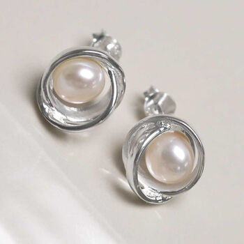 Sterling Silver Designer Round Pearl Studs, 2 of 10