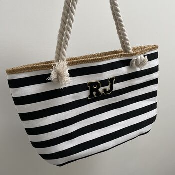 Personalised Large Black White Stripe Rope Beach Bag, 2 of 6