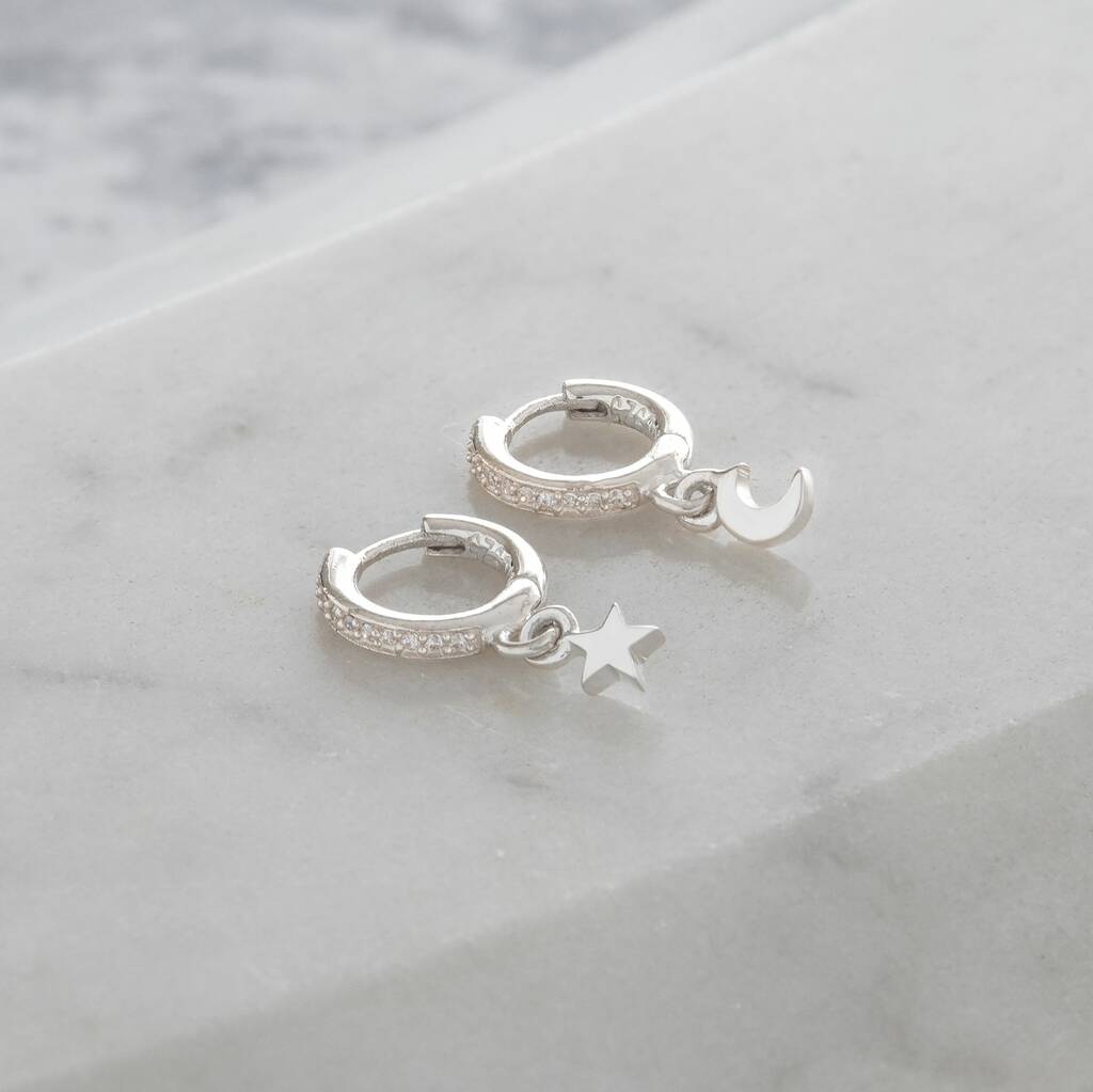 Huggie Hoop Earrings With Mini Moon And Star Diamanté By Lime Tree ...