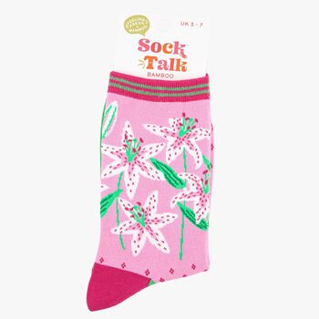Women's White Lily Floral Print Bamboo Socks, 4 of 4