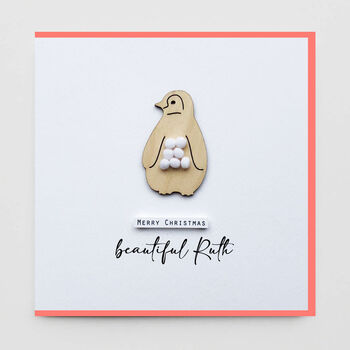 Personalised Merry Christmas Wooden Penguin Card, 2 of 3