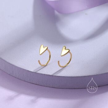 Sterling Silver Tiny Skinny Heart Huggie Hoop Earrings, 2 of 12