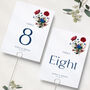 Wedding Table Numbers In Blue And Red Florals, thumbnail 1 of 3