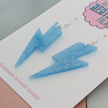 Light Blue Glitter Lightning Bolt Earrings Small And Large, 4 of 10
