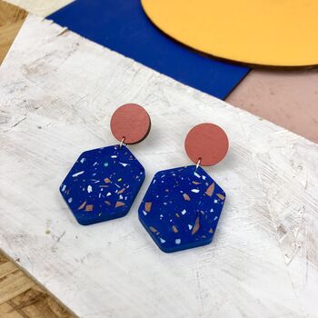 Jesmonite Terrazzo And Wood Hexagon Geometric Earrings, 10 of 12