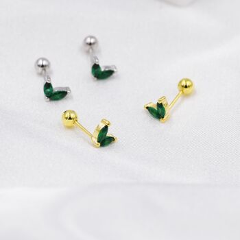Sterling Silver Emerald Green Cz Marquise Leaf Duo Barbell Earrings, 2 of 11