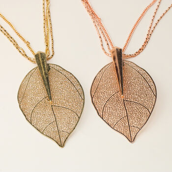 Rose Gold Leaf Pendant Long Triple Chain Necklace, 5 of 5