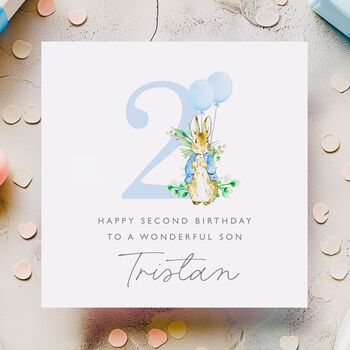 Personalised Peter Rabbit + Blue Balloons Birthday Card *Age Options, 2 of 4