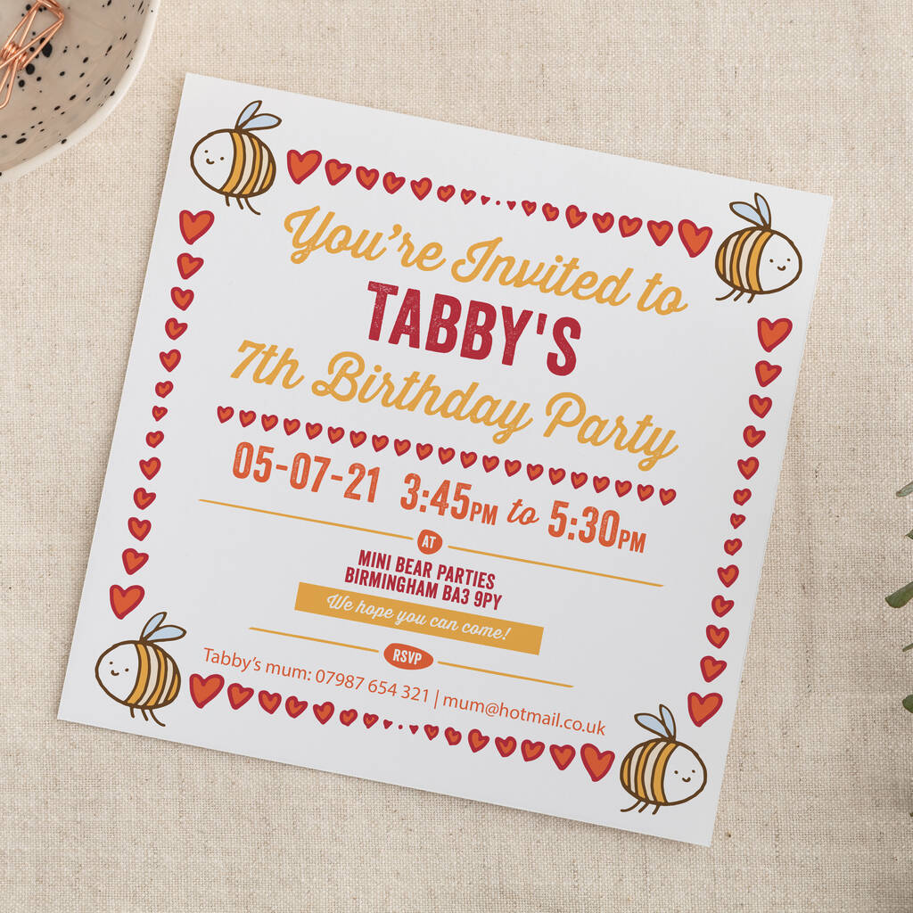 Personalised Bumble Bee Hearts Party Invitations, 1 of 3
