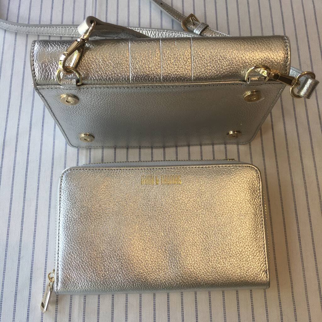 Silver Leather Cross Body Bag With Detachable Zip Purse By Mimi