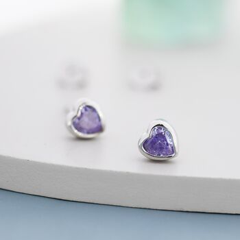 Sterling Silver Purple Heart Cz Stud Earrings, 4 of 10