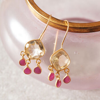 Citrine And Ruby Gold And Silver Dangly Drop Earrings, 6 of 11