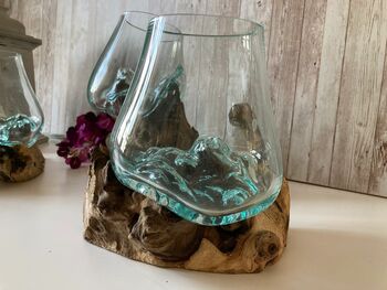 Small Molten Glass Bowl On Teak Root – Wooden Stand, 9 of 9