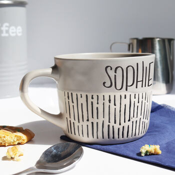Personalised Grey And Black Dashed Stoneware Mug With Blue Rim, 6 of 7
