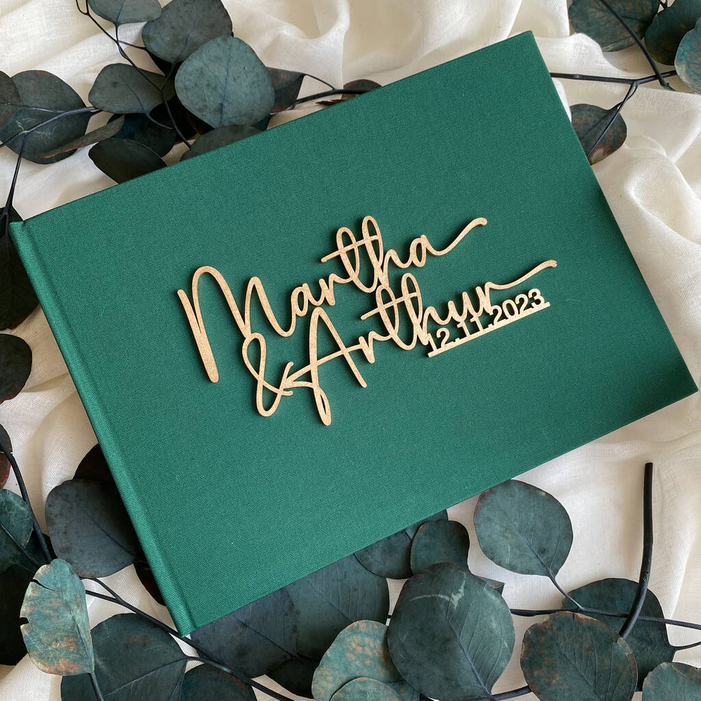 Linen Cover Wedding Guest Book With Wooden Text By Looppa