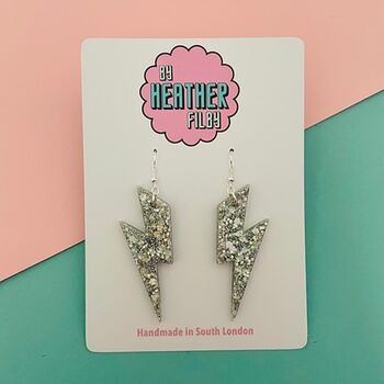 Silver Glitter Lightning Bolt Earrings Small And Large, 9 of 10