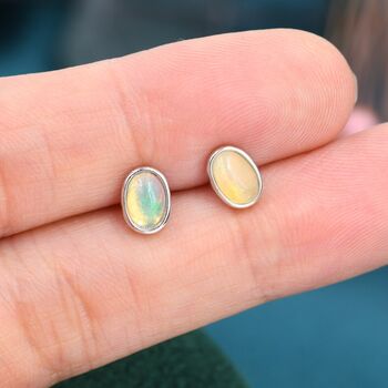 Genuine Ethiopian Opal Stone Oval Stud Earrings, 9 of 12