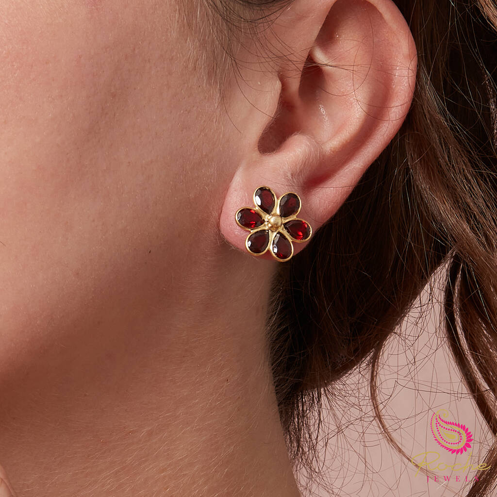 Red Garnet Flower Gold Plated Silver Stud Earrings, 1 of 11