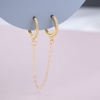 Cz Huggie Hoop Earrings With A Linking Chain, 2 of 12
