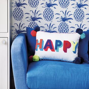 Embroidered Bright Happy Pom Pom Cushion, 7 of 8