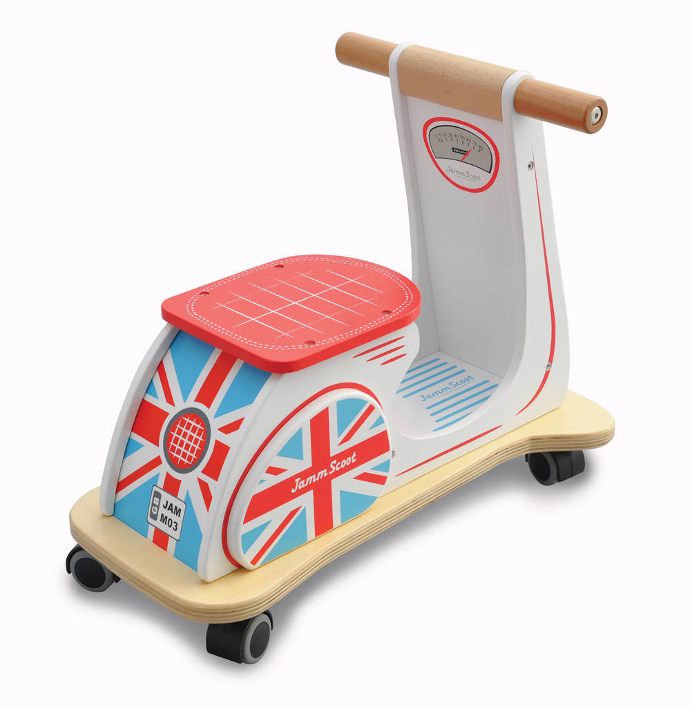 retro ride on scooter with union jack livery by jammtoys wooden toys