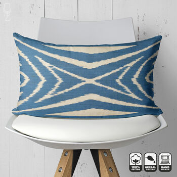 Blue And Ivory Traditional Handwoven Ikat Cushion Cover, 3 of 7