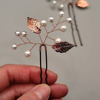 Copper Leaf Hair Pin With Pearls Perfect For Weddings, 4 of 10