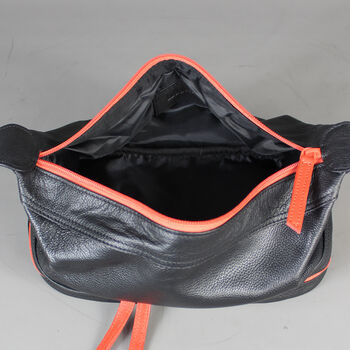 Black Leather Open Top Wash Bag With Orange Zip, 7 of 7