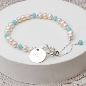 Personalised Silver T Bar Pearl And Amazonite Bracelet, 2 of 4