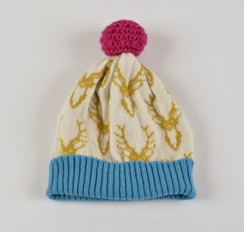 Bright Lambswool Knitted Stag Bobble Hat, 10 of 11
