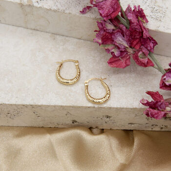 9ct Yellow Gold Patterned Creole Hoop Earrings, 3 of 4