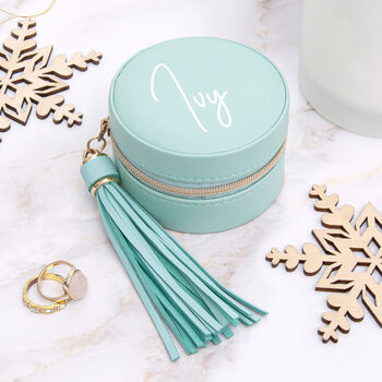 Personalised Turquoise Jewellery Case With Tassel, 6 of 6
