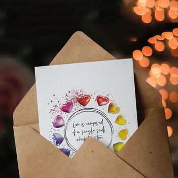 Single Soul Two Bodies Love Heart Rainbow Anniversary Wedding Card, 3 of 6