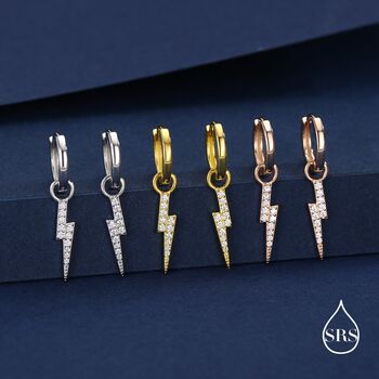 Sterling Silver Lightning Bolt Charm Huggie Hoop Earrings, 4 of 11