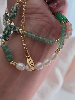 Green Onyx And Aventurine Beaded Necklace With Freshwater Pearls In 18k Gold Detail, May And June Birthstone Jewellery Gift, 4 of 6