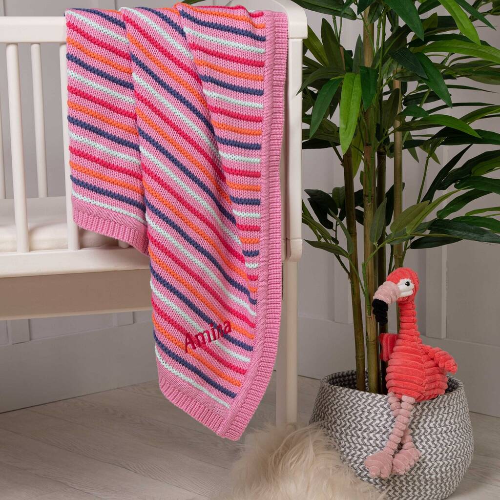 Personalised Pink Stripe Thick Knit Baby Blanket By That's Mine
