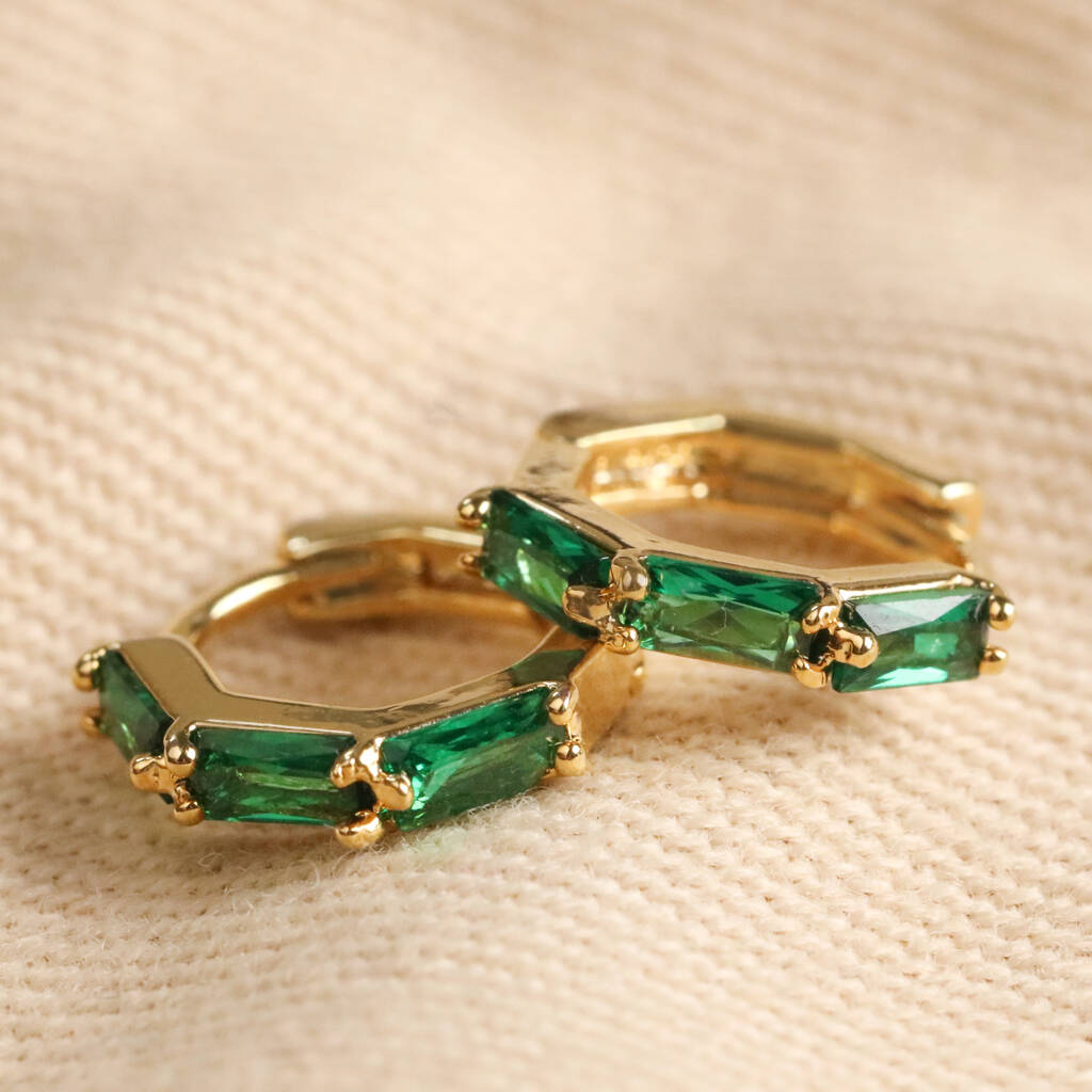 Green Crystal Huggie Hoop Earrings In Gold Plating, 1 of 6