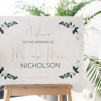 Floral Garland Wedding Welcome Sign In White Acrylic, 2 of 4