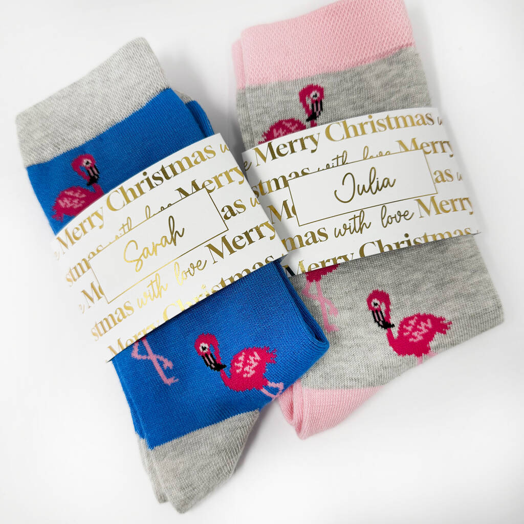 Personalised Christmas Flamingo Bamboo Socks With Gold Foil Label, 1 of 12