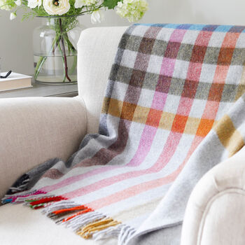 Grey And Bright Stripe Check Lambswool Throw, 6 of 6