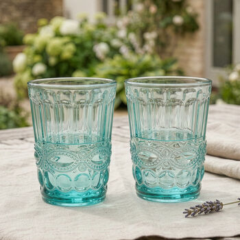 Set Of Four Aurielle Embossed Turquoise Tumbler Glass, 2 of 6