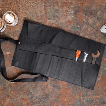 Personalised Black Leather Apron And Tool Roll Gift Set, 3 of 10