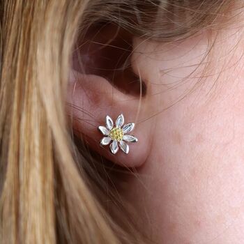 Sterling Silver And Yellow Gold Daisy Flower Stud Earrings, 2 of 8