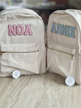 Personalised Nylon Backpack With Patch Letters And Motifs With Gold Outline, 11 of 12