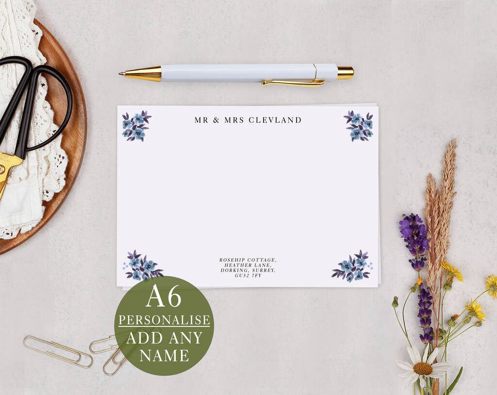 Blue Floral Personalised Address Note Cards A6 Notecard Set, 1 of 6