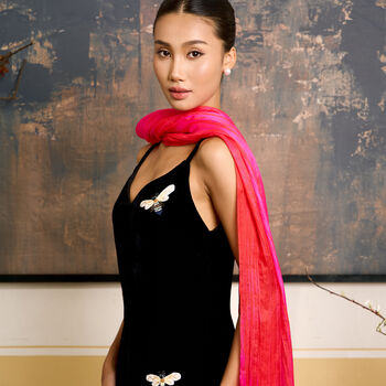 100% Mulberry Silk Scarf, Hot Pink With Red Stripes In Gift Box, 4 of 9
