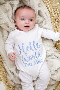 'Hello World' Embroidered Personalised Babygro Sleepsuit, 3 of 6