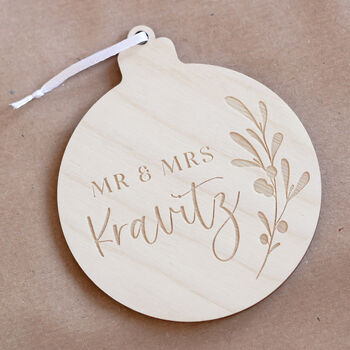 Personalised Wooden Mr And Mrs Christmas Bauble, 3 of 4