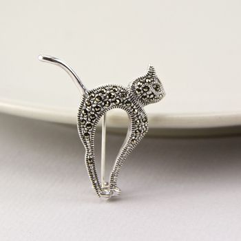 Marcasite Sterling Silver Cat Brooch, 2 of 8